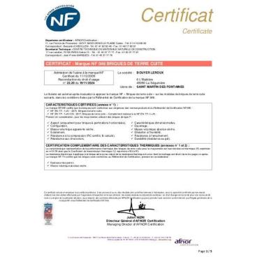 Certificat NF 046 BOUYER LEROUX St Martin des Fontaines - Briques