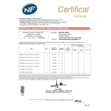 Certificat NF 063 BOUYER LEROUX St Martin des Fontaines - Tuile
