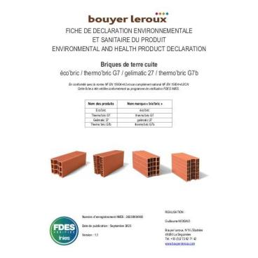 Fiche de déclaration environnementale et sanitaire (FDES) briques à maçonner Biobric