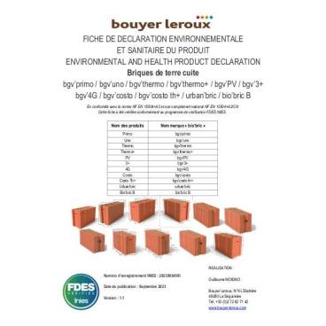Fiche de déclaration environnementale et sanitaire (FDES) briques à coller 20 cm d'épaissuer (bgv20)
