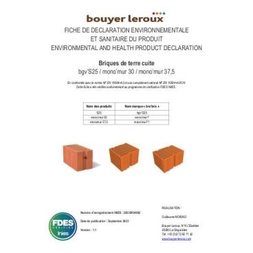 Fiche de déclaration environnementale et sanitaire (FDES) briques mono'mur Biobric