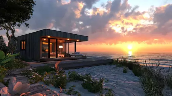 Maison individuelle sur la plage, au coucher de soleil