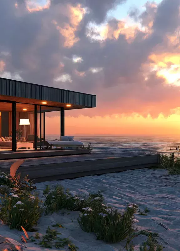 Maison individuelle sur la plage, au coucher de soleil