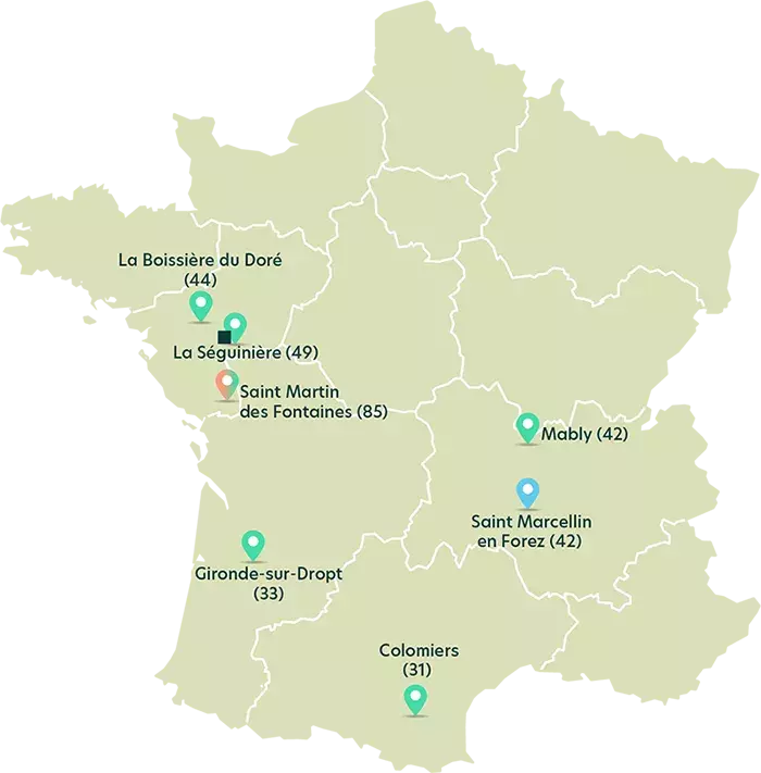 Carte française des sites de fabrication Bouyer Leroux par activité